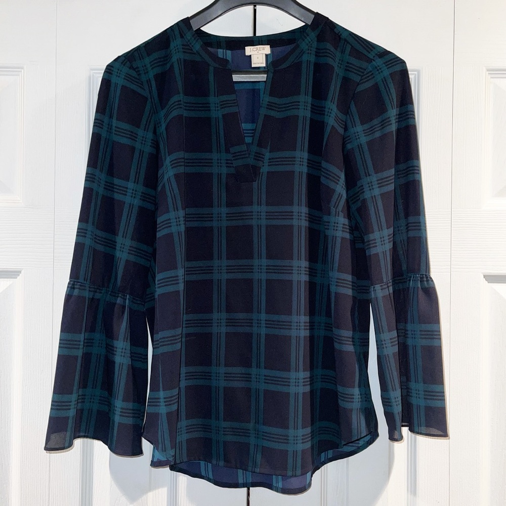 J. Crew Plaid navy Blue Green Blouse Shirt Bell Sleeves small